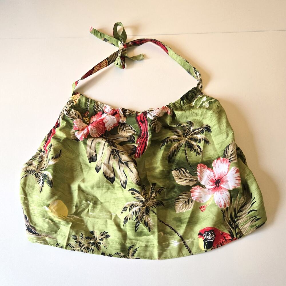 Hawaiian Print Halter Bandana Crop Top Green Tropical Floral Parrot Tie Back